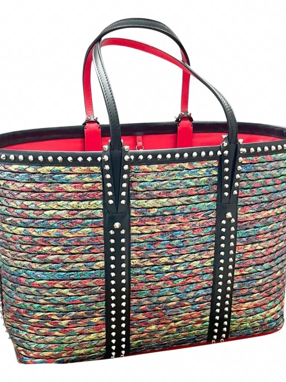 Christian Louboutin Multicolor Woven Tote with Black Stud Trim and Red Interior